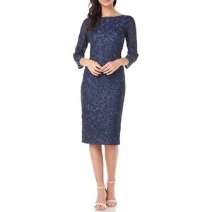 JS COLLECTIONS Embroidered Three Quarter Sleeves Cocktail Dress in Navy Size 4